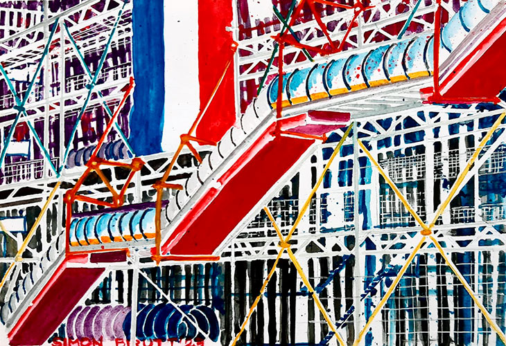Arq. Moderna/Titulo:Centre Pompidou Paris France/acuarela 15x21 cm sobre papel 300 gr. 2023