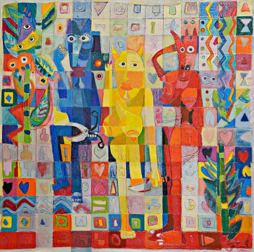 Chicas del carnaval / arena enduído acrílico sobre tela / 140 x 140 cm