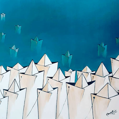 Barquitos en un Mar Azul Profundo . Oleo. 90x100cm	