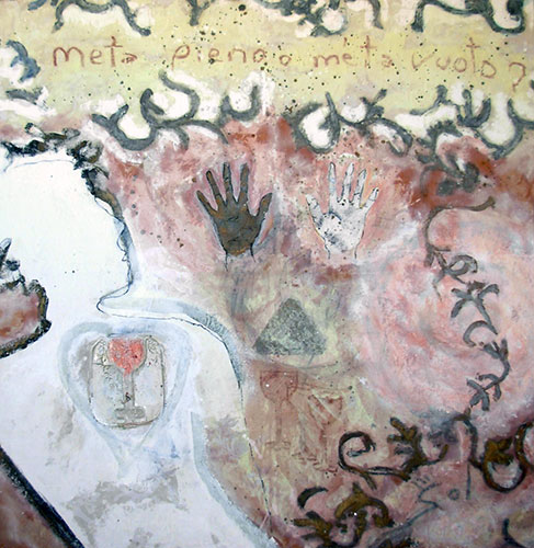 Mitad lleno - Mitad vacío (2001) Técnica mixta sobre tela, 130 x 130 cm.	