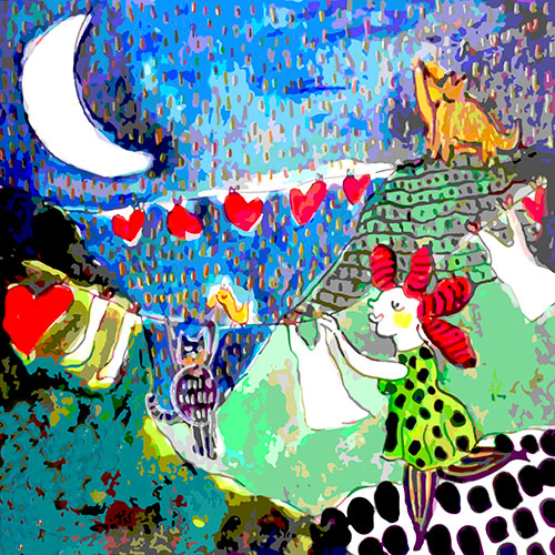 Serie corazones rojos. Y colgué mis amores. Acrílico - lápiz + edición digital	